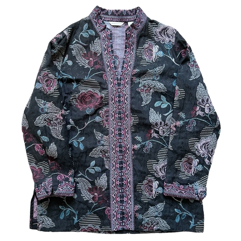 Vintage Laura Ashley - Brocade Mid-Length Floral Jacket Blazer - Black - Size XL